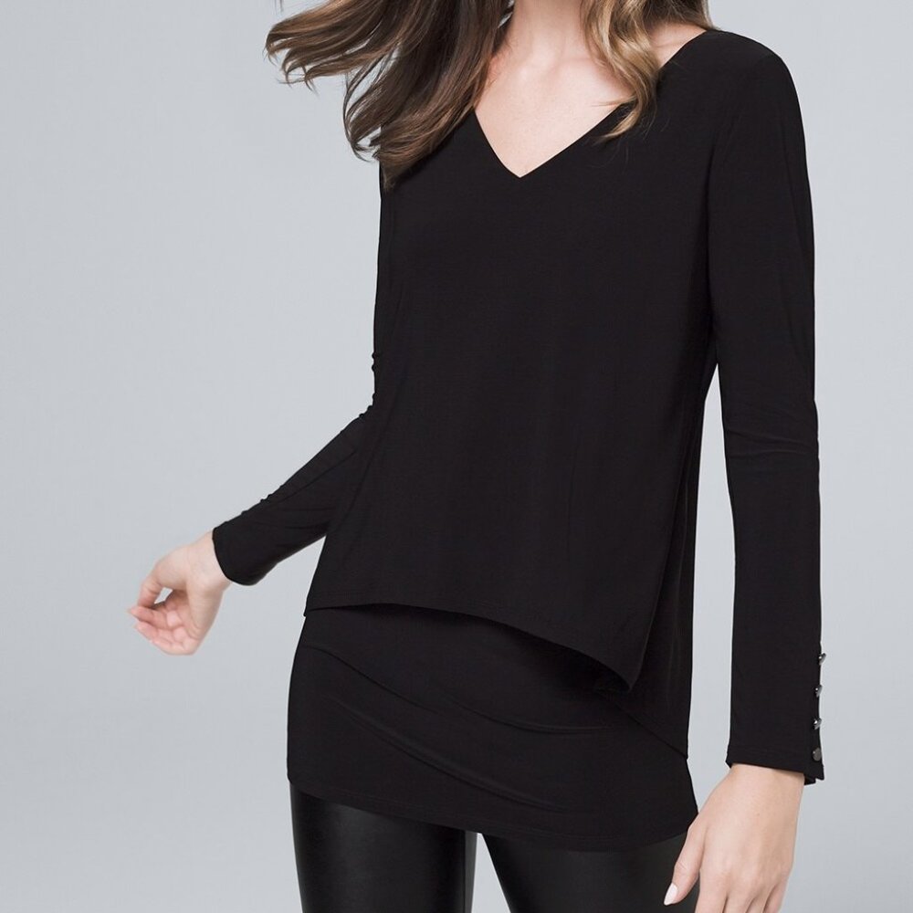 NWT White House Black Market Black Long Sleeve Double Layer V-Neck Tunic, Sz XS